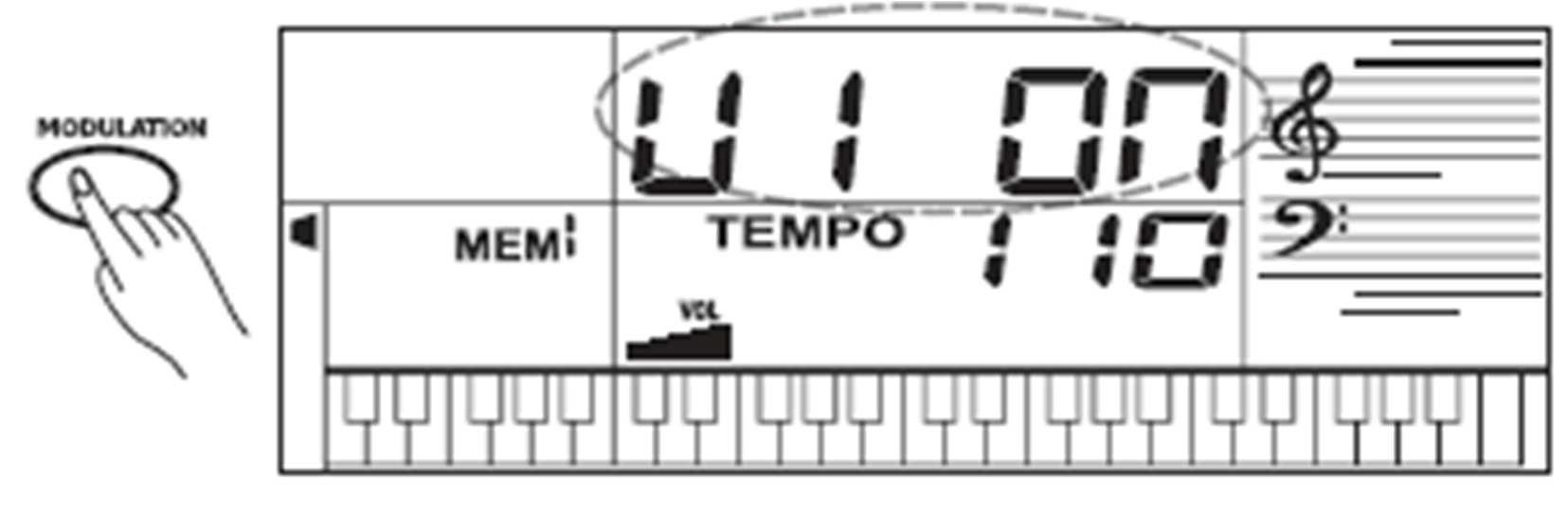 c) Efekt Vibrato, tlačítko MODULATION Pro zapnutí a vypnutí efektu Vibrato stiskněte tlačítko MODULATION (17).