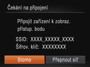 Tiskárnu připojte do sítě zobrazené na obrazovce fotoaparátu. V tiskárně vyberte v nabídce sítě Wi-Fi zobrazený identifikátor SSID (název sítě).