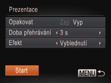 Filmy Prohlížení prezentací Podle následujícího návodu lze automaticky přehrávat snímky na paměťové kartě. Každý snímek se zobrazí asi na dobu tří sekund. Vyberte přechod pro prezentaci a spusťte.