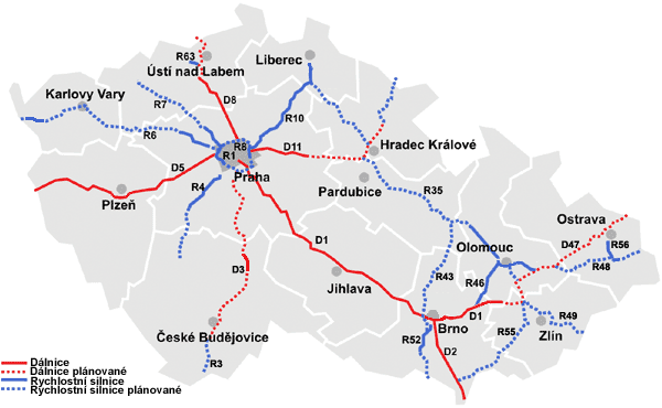 Rozdělení komunikací - Dálnice - Rychlostní silnice - Silnice 1.třídy (16) - Silnice 2.třídy (243) - Silnice 3.