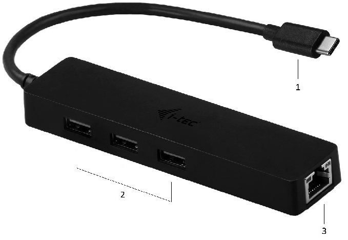 DESCRIPTION / BESCHREIBUNG / POPIS OPIS / POPIS / APRAŠYMAS (EN) 1. Cable with USB-C connector 2. 3x USB-A 3.0 port 3. RJ-45 port (DE) 1. Kabel mit USB-C Konnektor 2. 3x USB-A 3.0 Port 3.