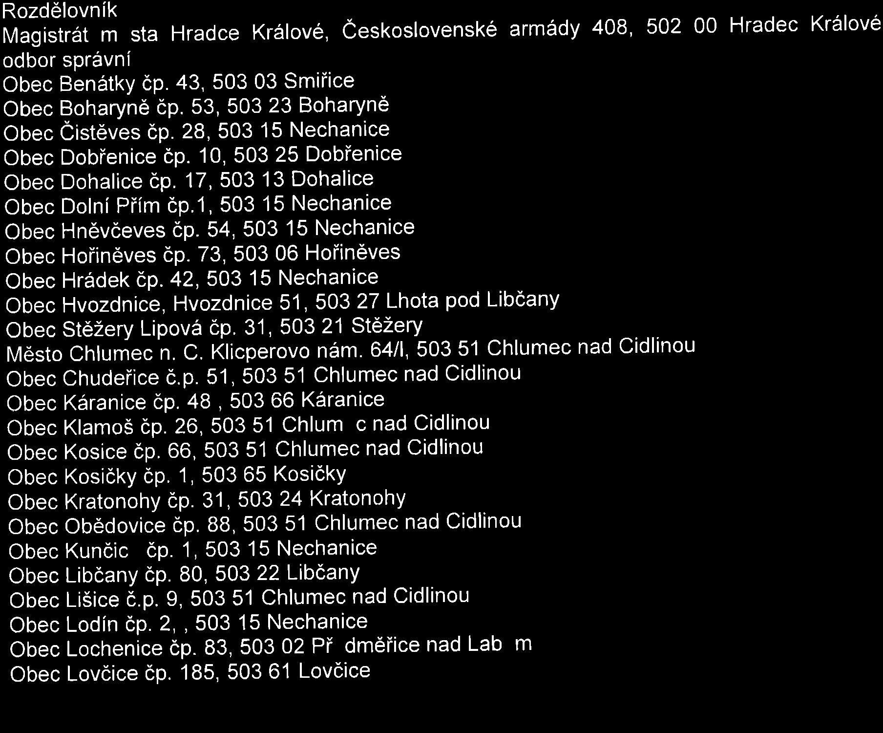 .otisk 0iedniho razitka" Piiloha: Z5dost o vyv65eni Rozddlovnik Magistr6t m sta Hradce Kr6love, Oeskoslovensk6 arm6dy aob, 502 00 Hradec Kr6love odbor spr6vni Obec BenAtky cp.