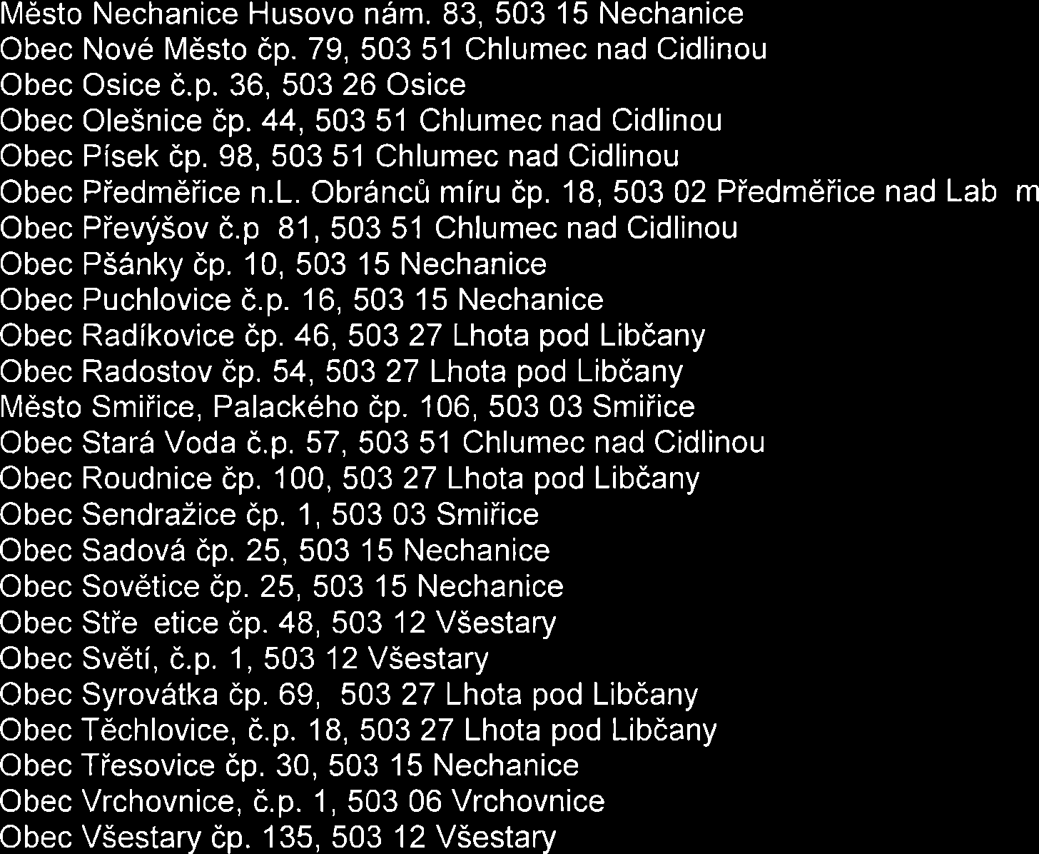 Mdsto Nechanice Husovo n6m. 83, 503 15 Nechanice Obec Nov6 Mesto cp. 79, 503 51 Chlumec nad Cidlinou Obec Osice c.p. 36, 503 26 Osice Obec OleSnice cp. 44, 503 51 Chlumec nad Cidlinou Obec Pisek cp.