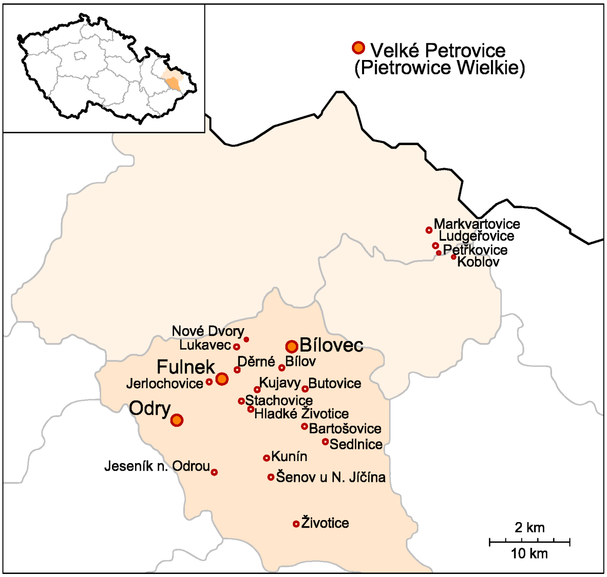 2. Výřez mapy České republiky severní Morava, Slezsko a přilehlá část Polska.