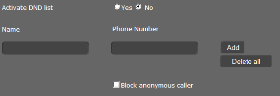 Nastavení telefonu prostřednictvím webového konfigurátoru Seznam blokovaných účastníků (DND) Zařízení umožňuje zablokovat konkrétní telefonní čísla nebo anonymní hovory.