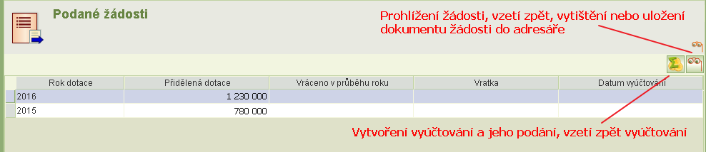 PDF žádosti si můžete vytisknout nebo uložit na svůj lokální disk přímo z formuláře Podání žádostí.