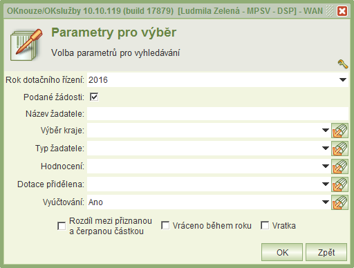 Seznam žádostí v menu se zobrazí dialog výběru roku dotačního řízení, případně je možné dále zadat další výběrové parametry.