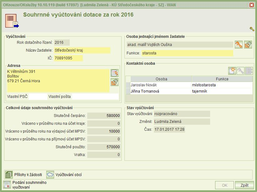 10.1 SEZNAM SOUHRNNÝCH VYÚČTOVÁNÍ Nové souhrnné vyúčtování může vytvořit nebo upravovat uživatel kraje s oprávněním Podání žádosti.