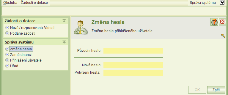 11 ZMĚNA UŽIVATELSKÉHO HESLA Při prvním přihlášení budete vyzváni ke změně hesla. Heslo si následně můžete kdykoli změnit kliknutím na úlohu Změna hesla v hlavním menu aplikace.