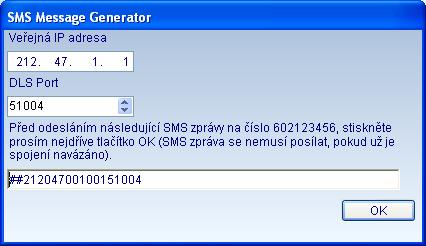 Zobrazí se okno, kde je nutné nastavit komunikační cestu sloupeček Typ připojení. Vyberte SMS. 7. Po stisknutí tlačítka OK se zobrazí okno, kde se generuje text SMS zprávy.