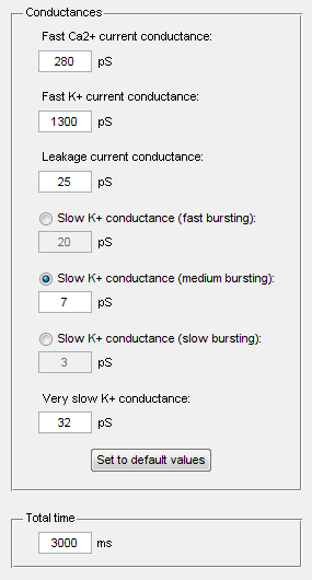 Obrázek 37: Nastavení jednotlivých vodivostí a celkového času simulace Nastavení umožňuje měnit vodivosti u rychlého vápníkového kanálu (gca), rychlého draslíkového kanálu (gk), vodivost unikajícího