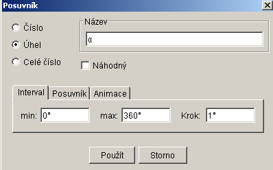 Klik na ikonu posuvníku, následně na nákresnu a vytvoříme si posuvník pro úhel α - interval zvolíme s krokem 1. 9. Dáme použít.