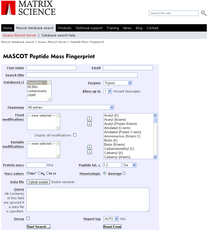 Peptidové mapování (PMF = peptide mass fingerprinting) - po selektivním štěpení proteinu trypsinem, který štěpí peptidové vazby za lysinem (K) nebo argininem (R), pokud po nich nenásleduje prolin