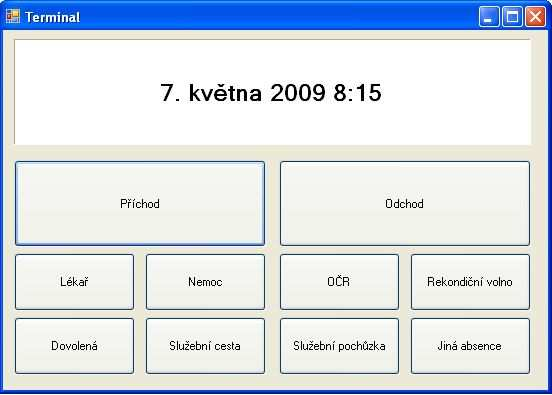 6.6 NÁVRH GRAFICKÉ PODOBY PROGRAMU 6.6.1 Grafický návrh docházkového terminálu Grafickou podobu aplikace Terminal jsem zvolil na základě předchozí analýzy tak, aby nejpoužívanější tlačítka byla