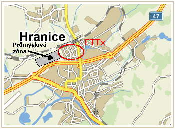 obyvatel, přičemž v městské části Hranice1-Město jich žije okolo 17,5 tis., ostatní v obcích spadajících pod správu Hranic. Obr.5.1: Lokalizace optické FTTx sítě v Hranicích [15].