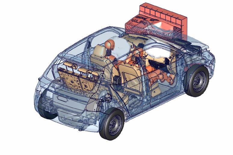 Čelní náraz v konfiguraci Euro NCAP 2014 vozidlo naráží do deformovatelné bariéry (40% přesazení) rychlostí 64km/h figurína airbag přístrojová deska deformovatelná bariera