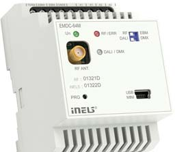 EMDC64M umožňuje řízení až 64 nezávislých elektronických předřadníků DLI (Digital ddressable Lighting Interface) pro zářivková, LED a jiná svítidla.