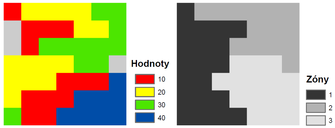 Obrázek 5.1 Vstupní rastrové vrstvy pro zonální funkce (vstup1, zony) Příkaz: ZonalMean(zony, vstup1) Obrázek 5.