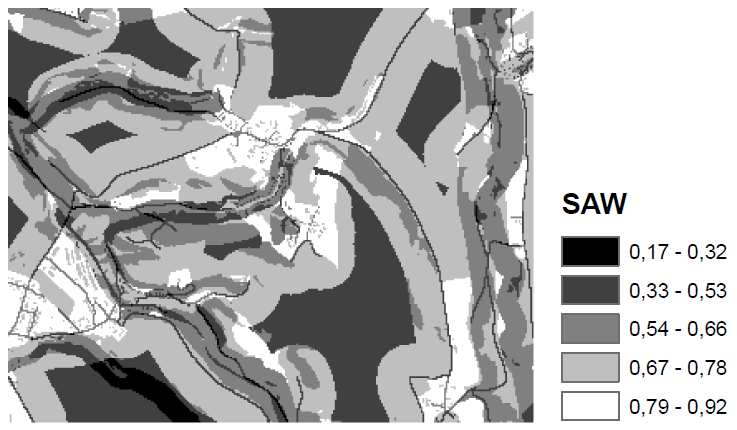 Obrázek 6.2 Vegetace (v závorce standardizovaná hodnota zón) Vstupní rastrové vrstvy (mapy hodnotících kritérií) byly posléze vynásobeny váhou a v konečné fázi byly sečteny.