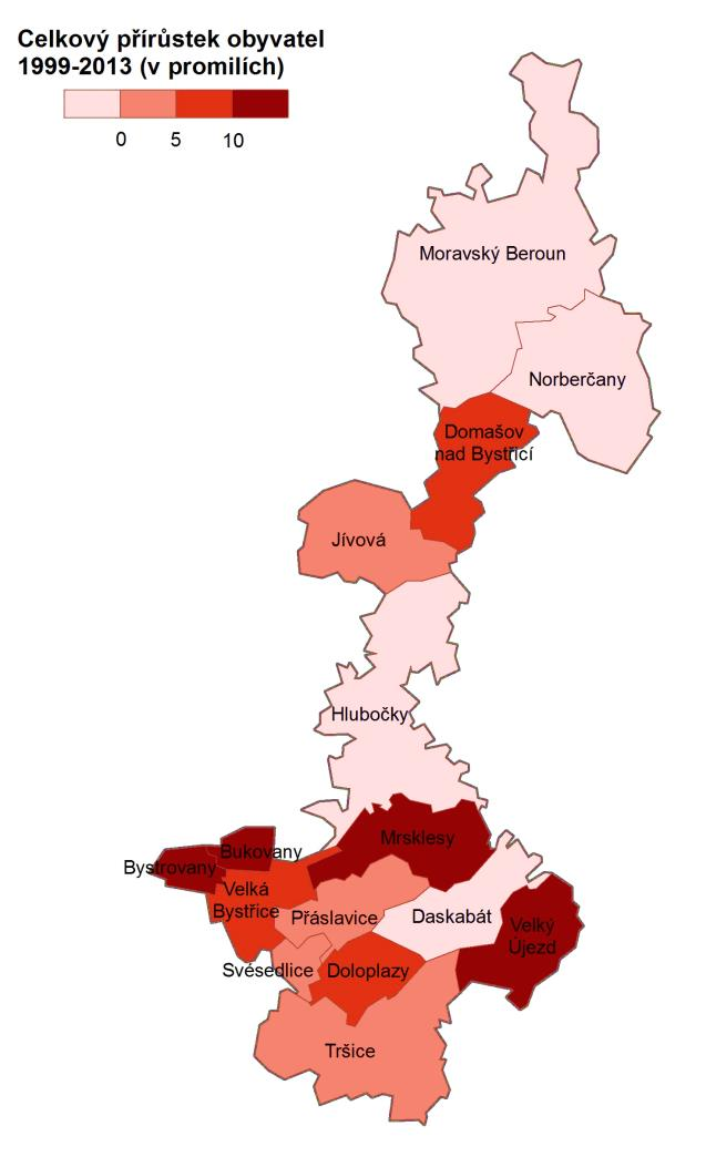 Obrázek 4 - Mapa Celkový přírůstek obyvatelstva MAS Bystřička má nadprůměrný celkový přírůstek obyvatel nejen oproti údajům v Olomouckém kraji, ale i v rámci celé ČR.