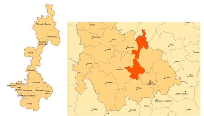 Obrázek 2 - MAS v rámci ORP a obce MAS MAS Bystřička pokrývá území o rozloze 20 154 ha. Největší rozlohu má město Moravský Beroun s 5 122,4 ha. Nejmenší rozlohu má pak obec Mrsklesy 253,40 ha.