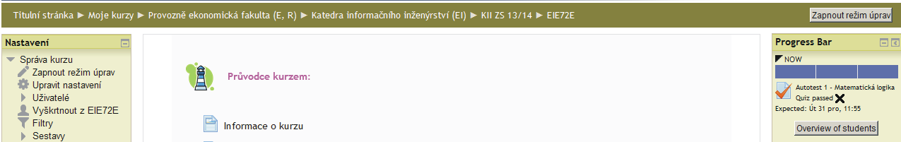 Režim úprav (GA, G, V) Pomocí volby Režim úprav lze spravovat obsah kurzu, například přidávat