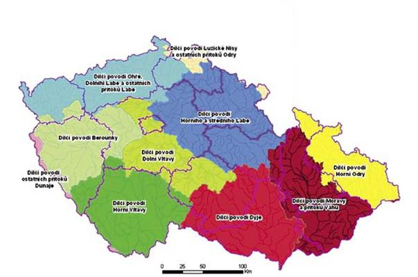 10 dílčích povodí a jejich seskupení do národních