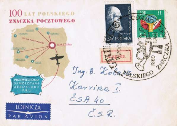 - 26 - modrá s bílým nápisem: LOTNICZA / PAR AVION. Na zásilce jsou nalepeny známky Fi:č.980, 2,50 zł. (vícebarevná) a Fi:č.988, 20 gr. (černomodrá). Frankatura celkem 2,70 zł.