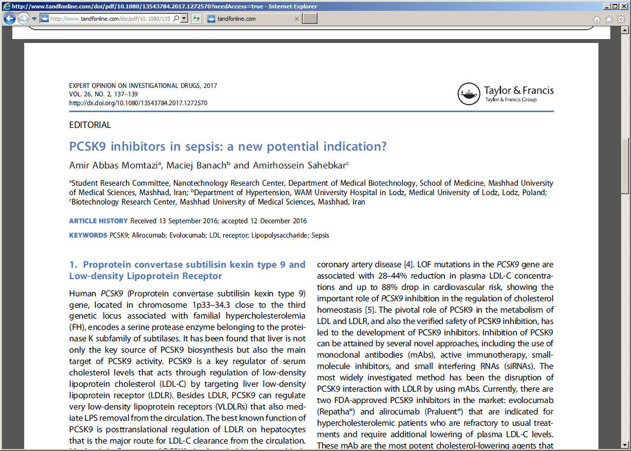 Conclusion Available evidence shows a strong association between PCSK9 levels and septic symptoms, which can be attributed to the cross talk between PCSK9 and liver LDLR.