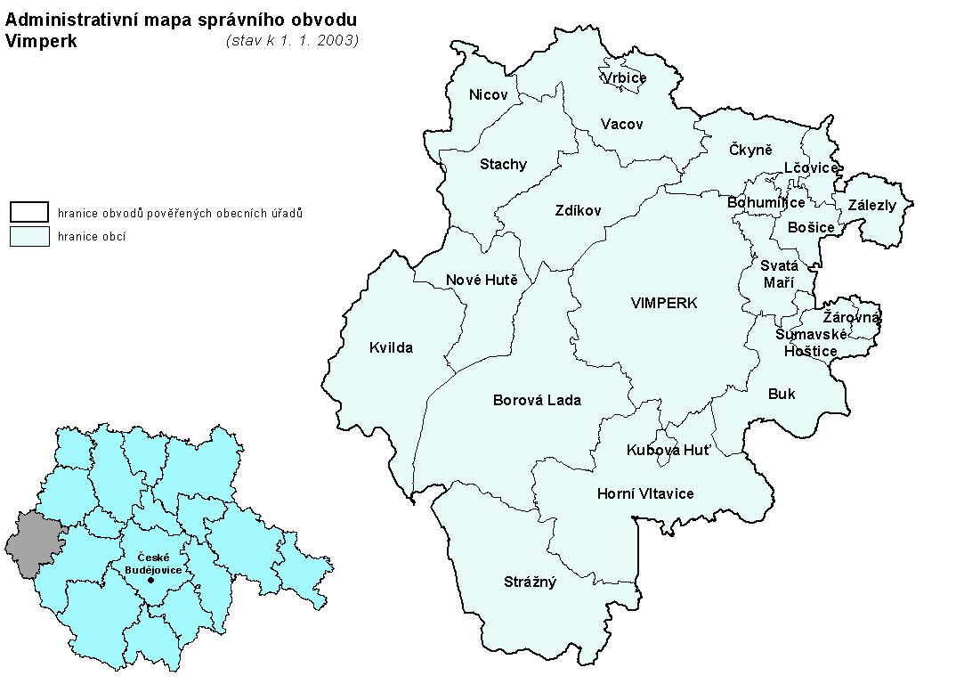 Správní obvod obce s rozšířenou působností Vimperk se nachází v jihozápadní části Jihočeského kraje. Na západě sousedí s Plzeňským krajem, na jihozápadě s Německem.