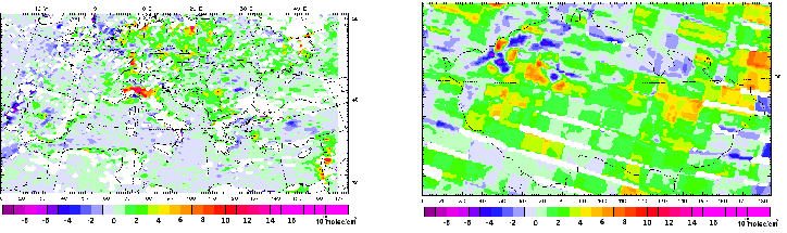 Horní část: OMI (přelet 13-15h), Dolní část: SCIAMACHY (přelet 10 12h, mnohem méně dat a hrubší rozlišení). Region Prahy v modelu podhodnocen, severozápadní Čechy nadhodnoceny. Obrázek 8.