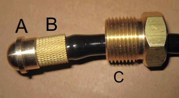 MG35-2 PEGAS 200 AC- PULSE OVO SERVICE MANUAL page 9/0 0. Hořák s UD & DOWN Torch with UD & DOWN. Zapojení plynového konektoru Gas connector. Na plynovou hadici nasaďte dílec C 2.