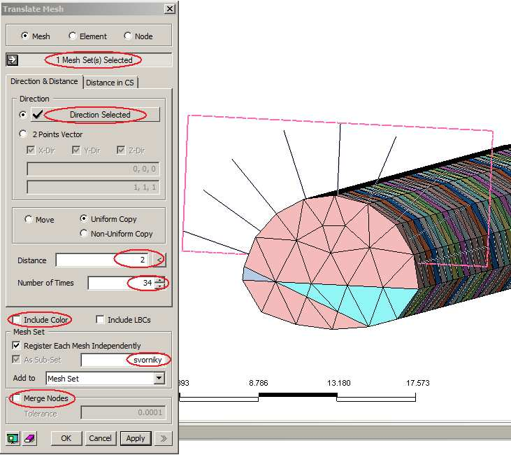 2) select mesh sets vybereme síť svorniky (1), select direction osu y,