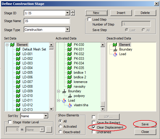 Předepsání nulových deformací na počátku (initial stage) nastavíme v dalším průvodci define construction stage, kde si můžeme také prohlížet jednotlivé detaily fází výpočtu.