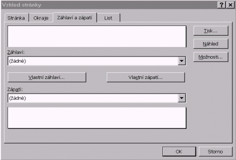 Karta Záhlaví a zápatí: Informace, které se mají zobrazovat v záhlaví a v zápatí, je možno vybrat z již hotových záhlaví a zápatí.