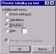 Potom tyto řádky vyberte a pomocí příkazu Tabulka/Převést text na tabulku jej na tabulku převeďte.