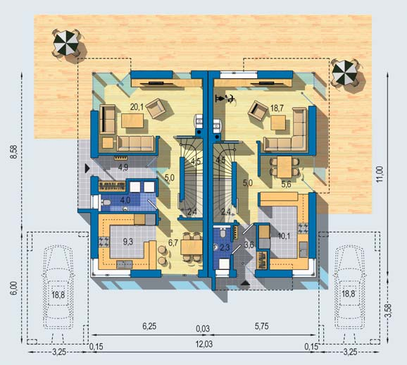 plocha 1066 + 975 m 2 celková obytná plocha 544 + 504 m 2 merná potreba tepla na kúrenie 18 kwh/m 2 výška hrebeňa