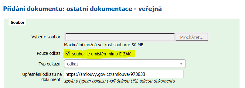 5) Je-li již smlouva v Registru smluv uveřejněna, rozklikněte v E-ZAKu v detailu zakázky záložku Veřejné dokumenty a klikněte na Přidat veřejný dokument : 6) V kolonce Pouze odkaz zaškrtněte volbu