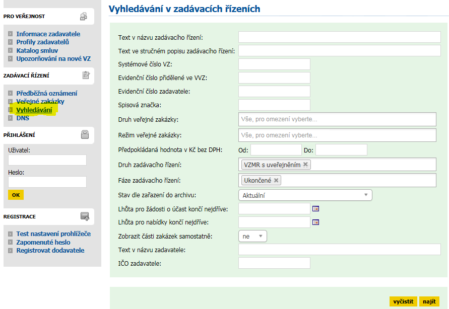 filtr Uživatel (zobrazí se zakázky, ke kterým jste přiřazeni jako oprávněná osoba) nebo Organizace (zobrazí se všechny zakázky Vaší organizace). Pokud chcete najít archivovanou zakázku (tj.