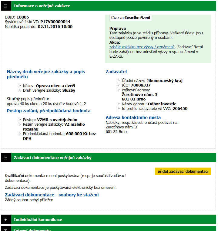 elektronických nabídek prostřednictvím systému E-ZAK.