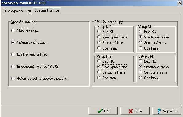 13.OBSLUHA MODULU PŘERUŠOVACÍCH VSTUPŮ Obr. 13.2 Nastavení modulu Na základě tohoto dialogu vygeneruje program Mosaic pro daný modul inicializační tabulku.