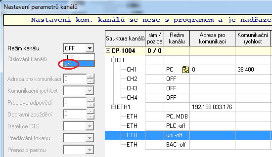 Dále je třeba vyvolat dialog pro nastavení komunikačních kanálů centrální jednotky PLC, což se provede kliknutím na ikonu v řádku CPU.