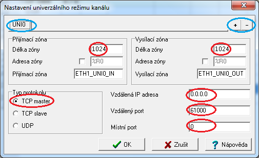 V něm zvolíme délku přijímací zóny 1024 bytů, délku vysílací zóny 1024 bytů, typ protokolu TCP master, vzdálená IP adresa 0.0.0.0, vzdálený port 61000, místní port 0.