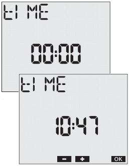 Potvrďte tlačítkem Ok a přejděte na menu čas. Nastavení času Zadávaný parametr (hodiny, minuty) bliká. Vyberte požadovanou hodnotu tlačítky C1 a C2.