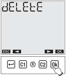 Vyberte program ke smazání a stiskněte Ok. Vyberte DELETE / VYMAZAT tlačítky C1 a C2 a stiskněte Ok pro potvrzení nebo tlačítko pro opuštění bez vymazání.