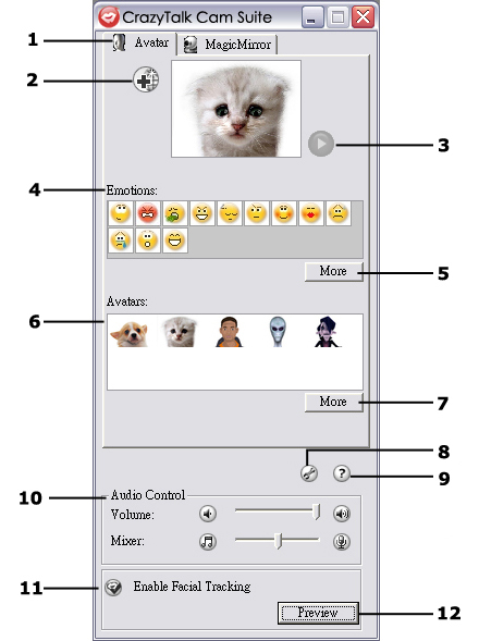 O rozhraní Následující obrázky ukazují komponenty rozhraní CrazyTalk Cam Suite: Rozhraní avataru: 1. Režimy 2. 3.