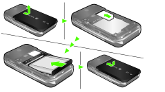 Příprava telefonu Vložení karty SIM a baterie 1 Sejměte kryt baterie. 2 Zasuňte kartu SIM do držáku tak, aby kontakty směřovaly dolů.