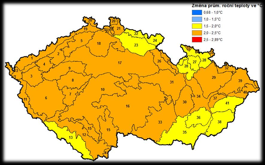 Z mapových výstupů agregovaných pro jednotlivé Přírodní lesní oblasti je zřejmé, že globální klimatická změna je zřejmá již na rozdílech mezi obdobími 1991 2014 a 1961 1990, kdy došlo k výraznému