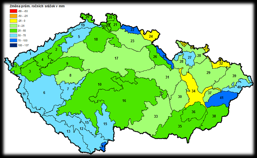 4 Změna průměrné sumy ročních srážek mezi obdobími 1991 2014 a