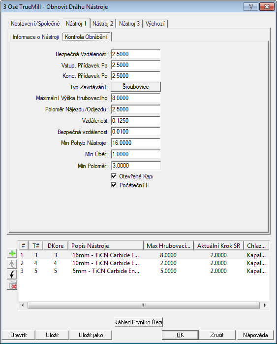 9. V kartě Kontrola obrábění zadejte parametry dle zobrazení. Důležité je zatrhnout položky Otevřená kapsa a Počáteční hloubka. 10.